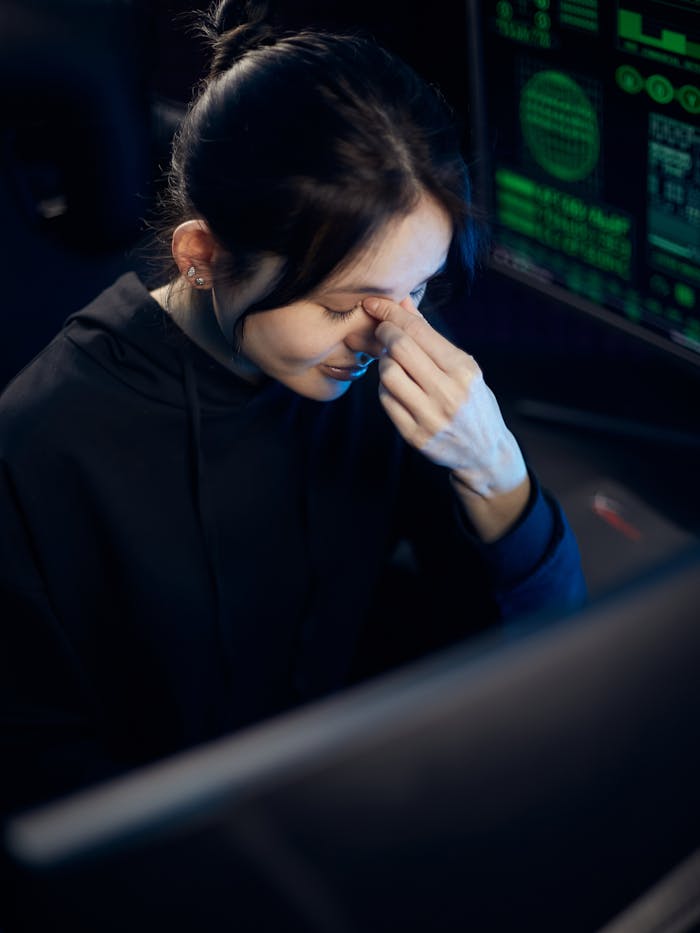 Woman feeling stressed at work, holding head in hands in dimly lit office environment.