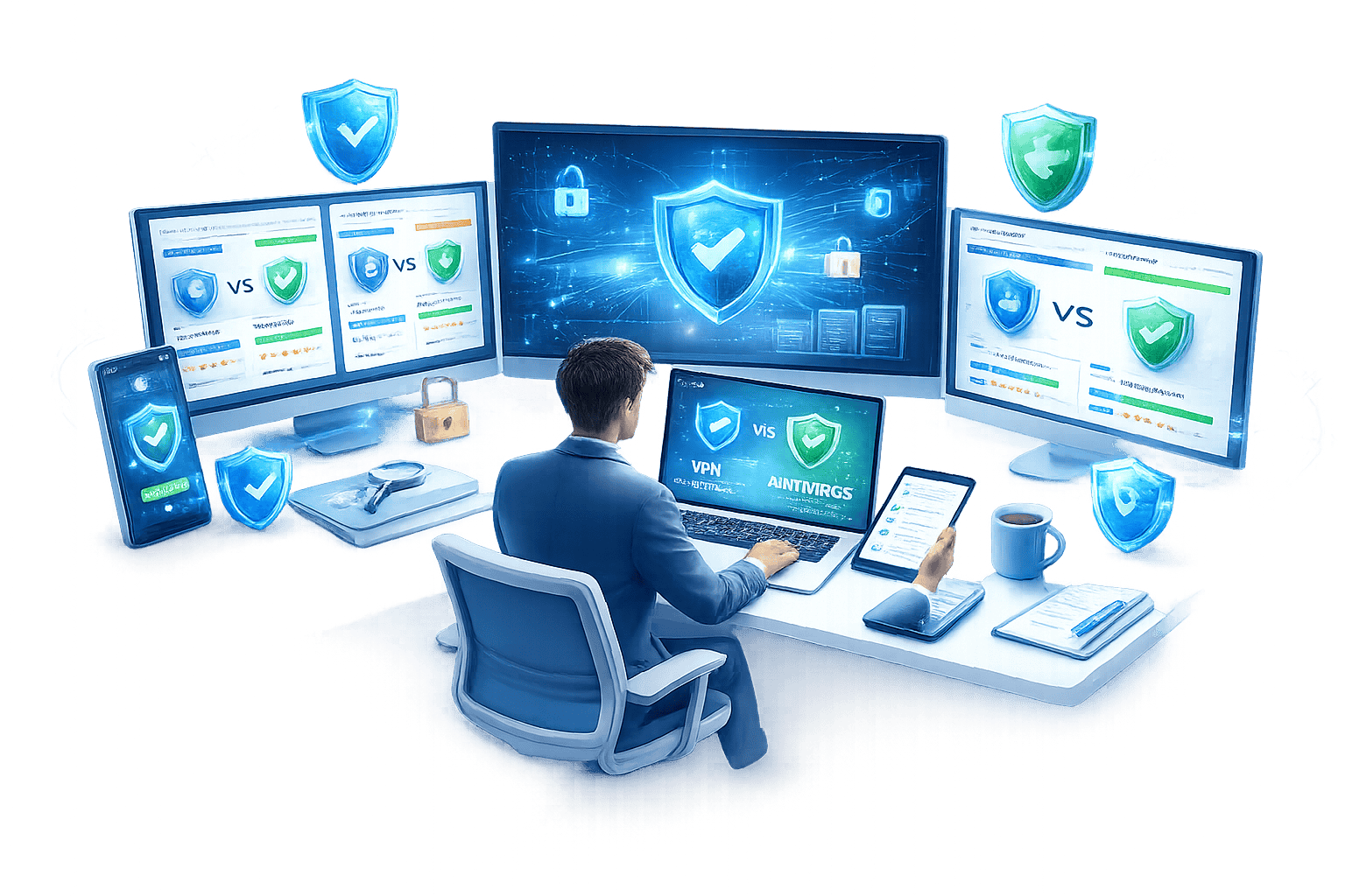 Cybersecurity expert evaluating VPN and antivirus