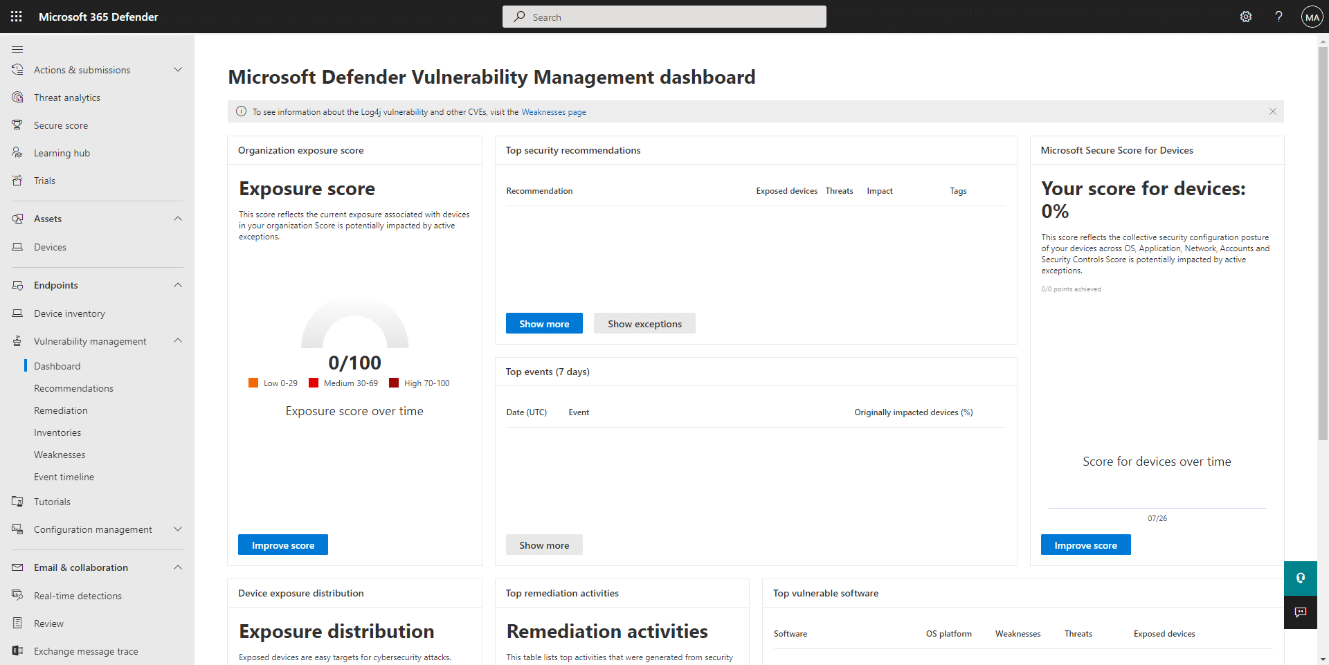 Microsoft Defender for Business Vulnerability Management Dashboard showing exposure score, security recommendations, and device risk levels