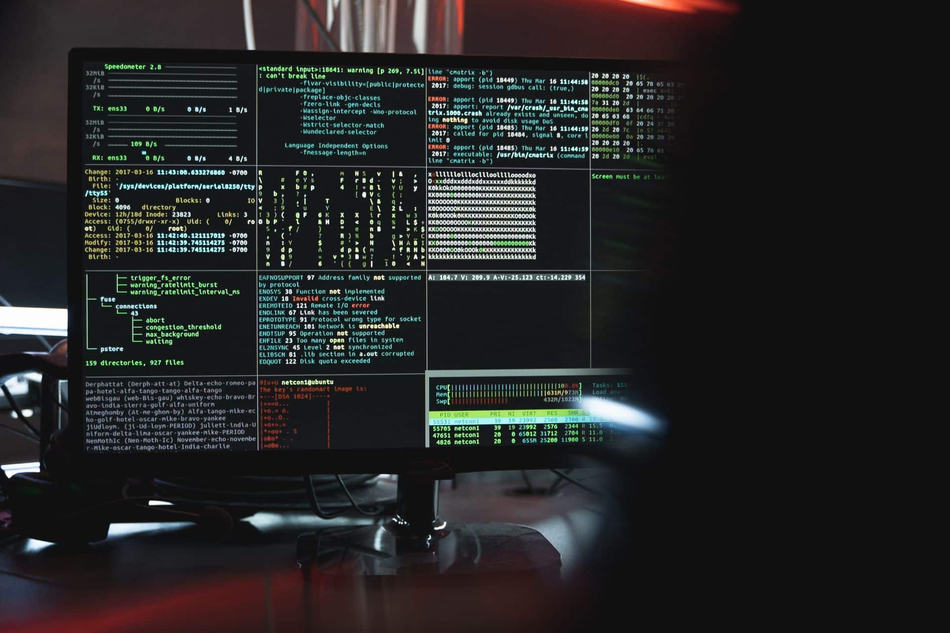 Cybersecurity data and code displayed on computer monitor showing system monitoring