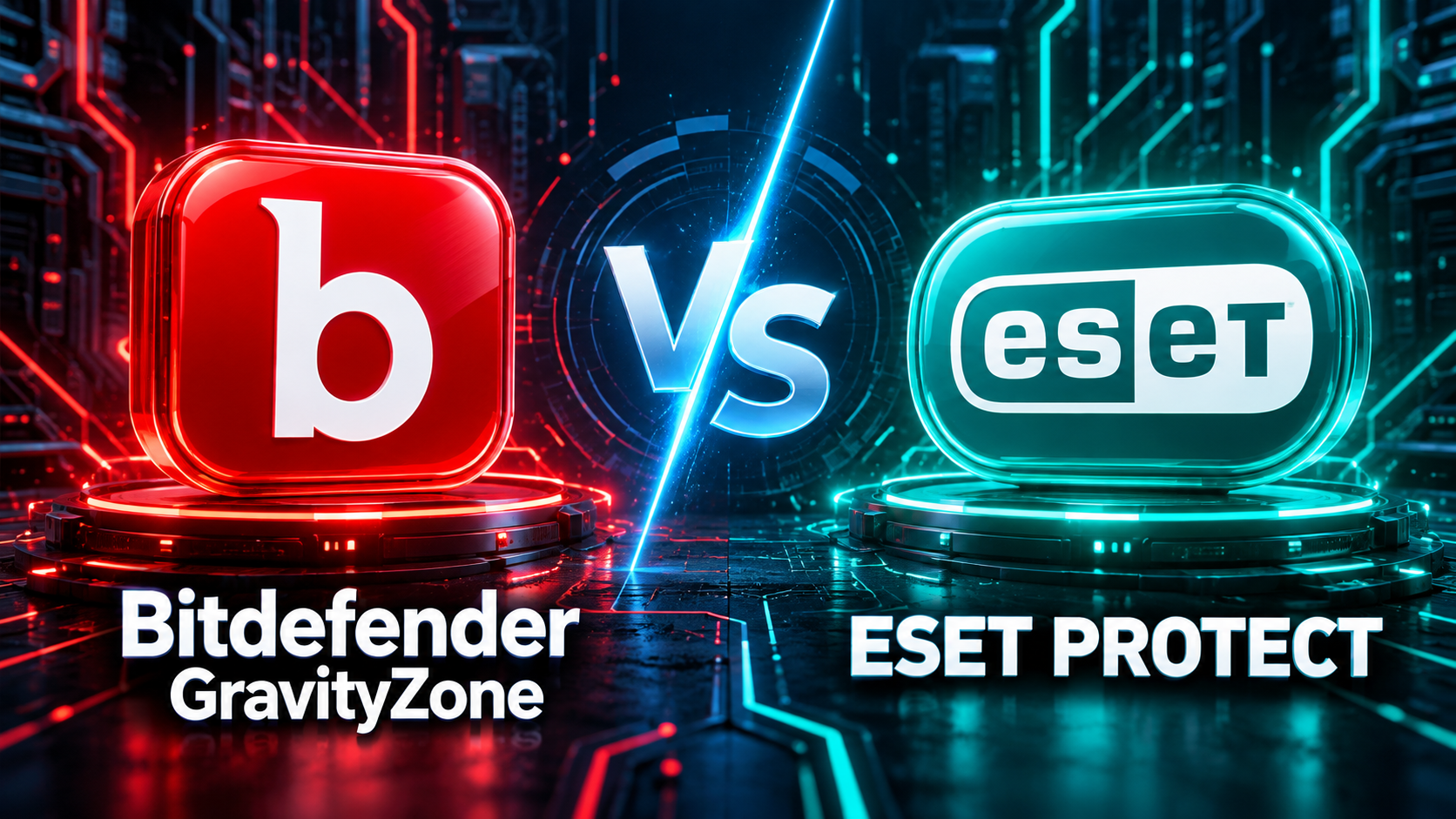 Bitdefender GravityZone vs ESET PROTECT with red and teal security emblems