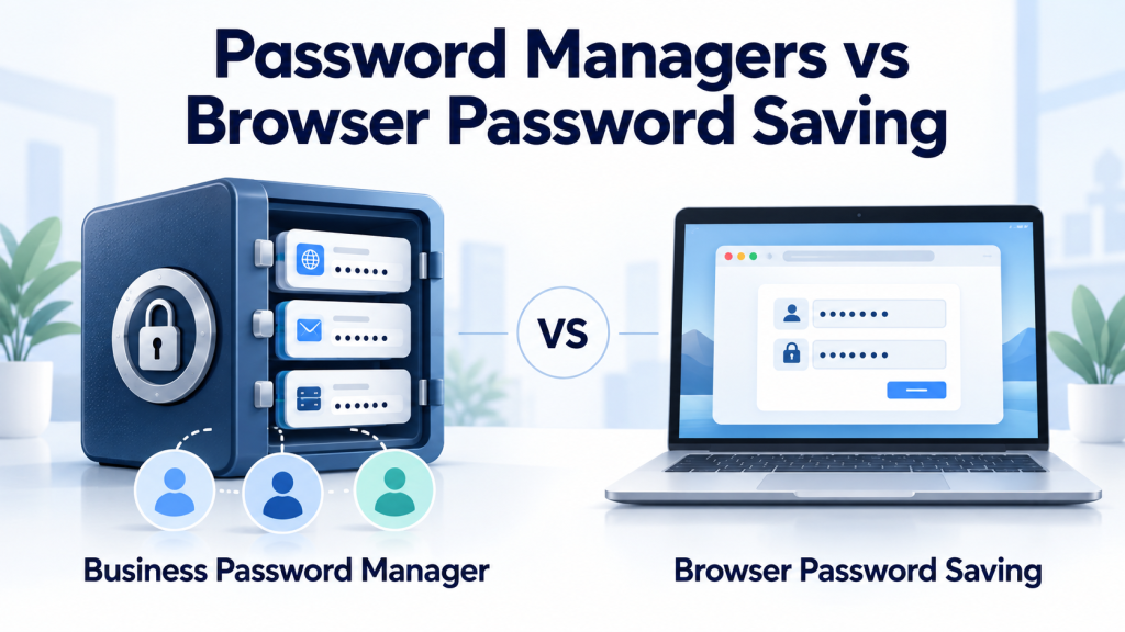 Password Managers vs Browser Password Saving: What Should Your Business Use? 1 Password Managers vs Browser Password Saving: a business password vault with team access beside a laptop showing saved browser credentials