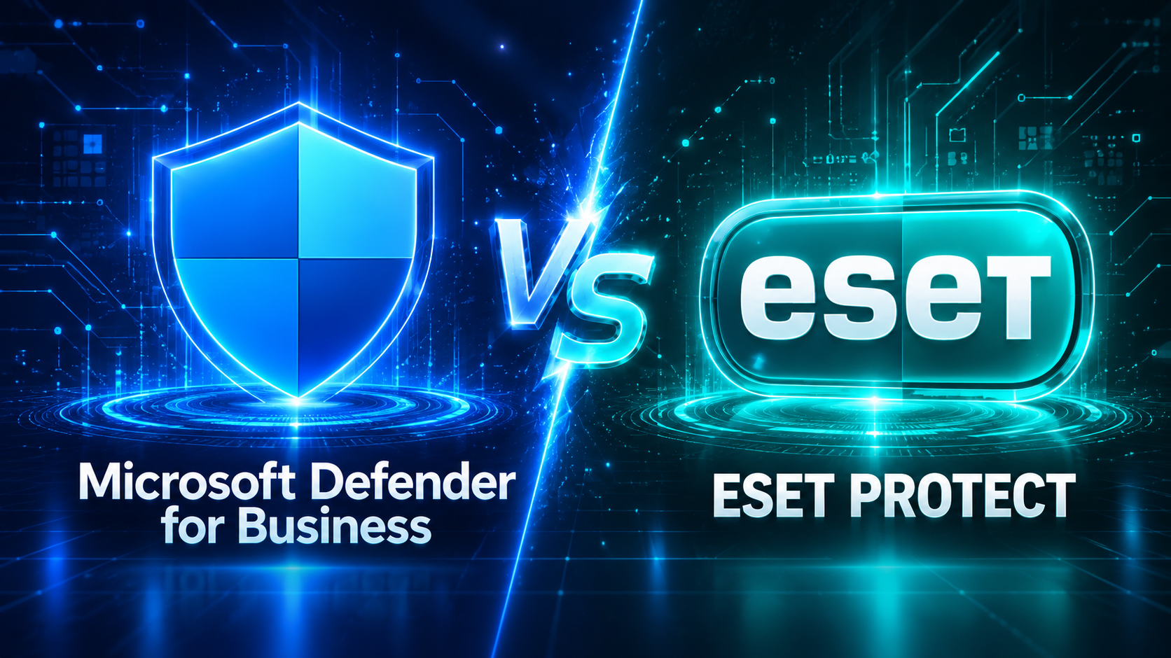 Microsoft Defender for Business vs ESET PROTECT with blue and teal security emblems
